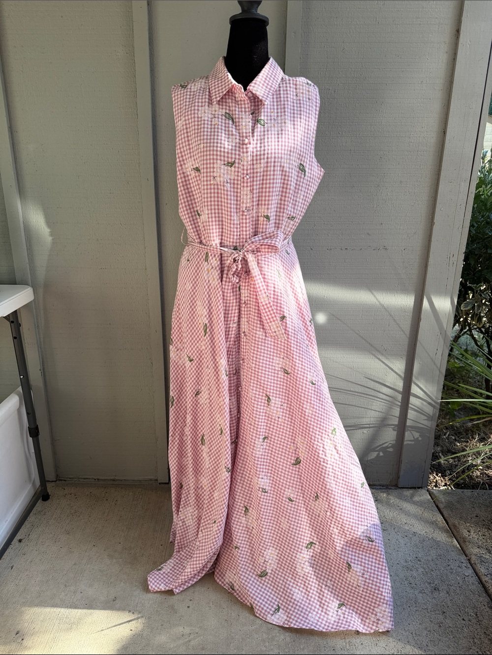 JessaKae Pink Gingham Sleeveless dress with Green Floral Accents